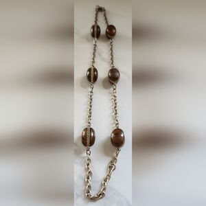 Vtg Baskin Bros Brown Wood Grain Lucite Bead‎ Gold Tone Chain 16" Drop Necklace
